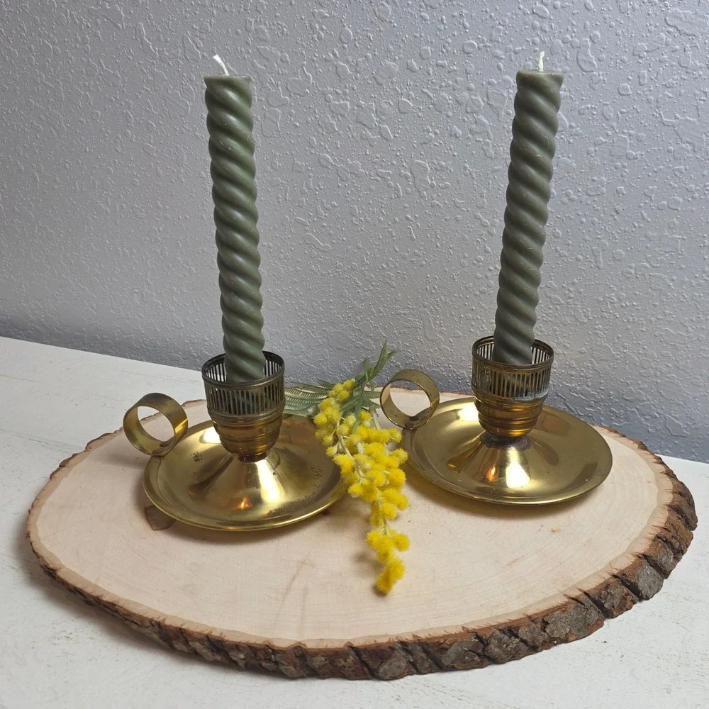Vintage 30s Chase Brass Chamberstick Candle Holder Pair‎ Colonial